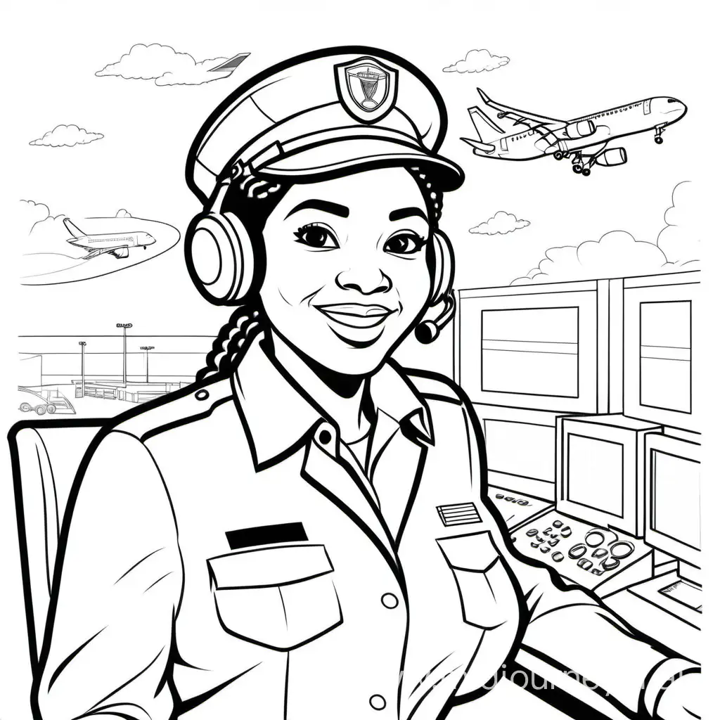 Colouring page for kids, simple, outline no details, no colour, African-American female,  air traffic controller, smiling