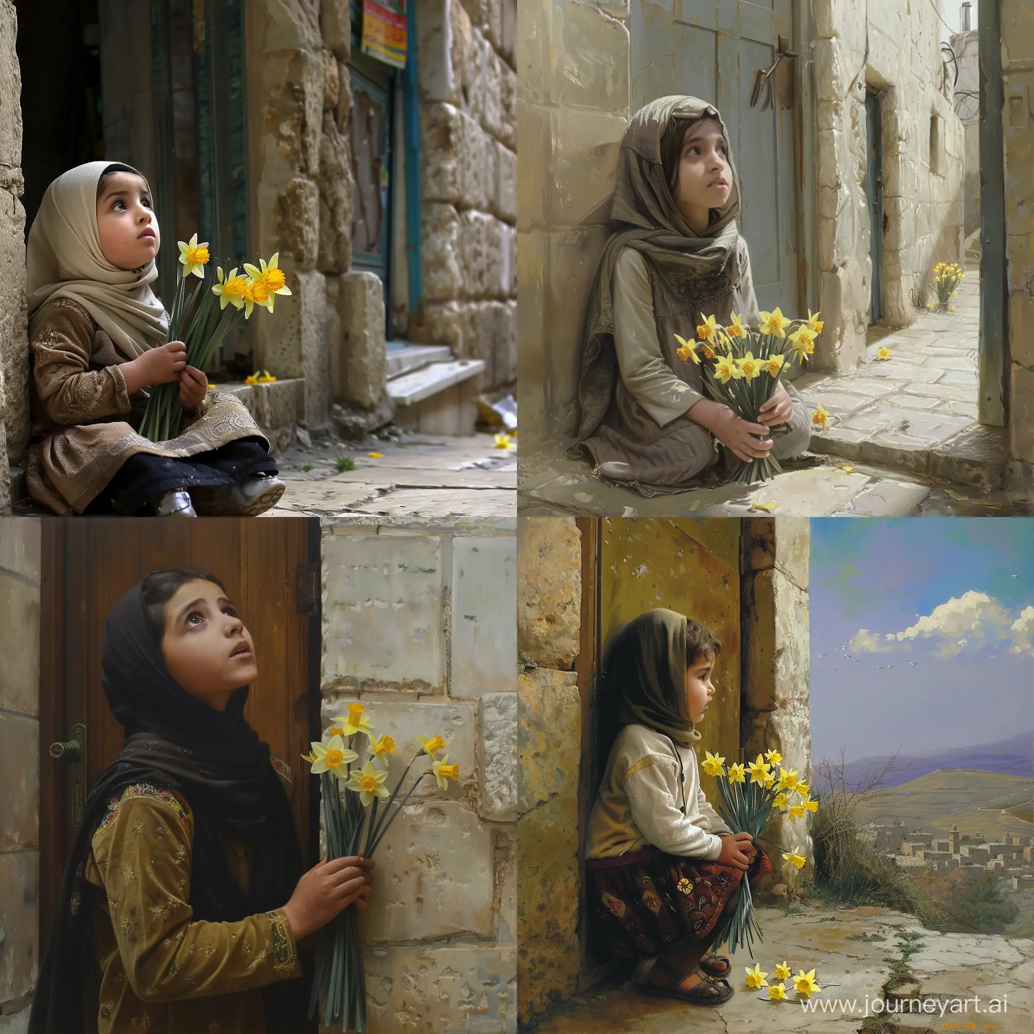 Worried-Muslim-Girl-Holding-Daffodil-Flowers-in-Jerusalem