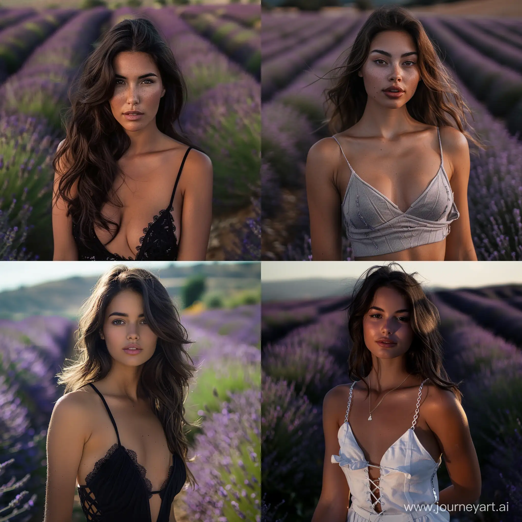 hour glass physique, brunette model that dose not exist in real life, standing in a lavender field, slight smirk