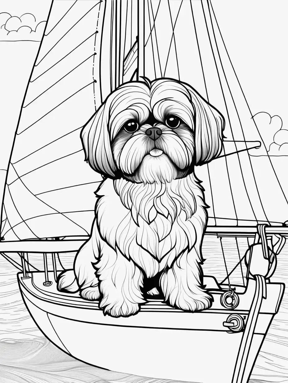 a coloring book page of a shih tzu on a sailboat
, thin lines, low detail, no shading