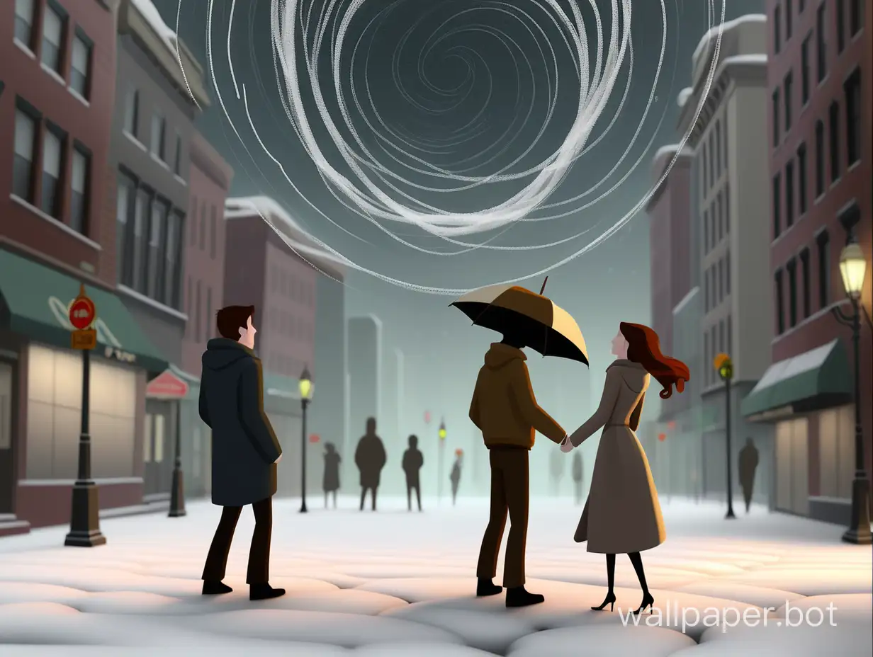 Romantic-Encounter-Amidst-Urban-Chaos-January-Snowstorm-and-Starlit-Cityscape