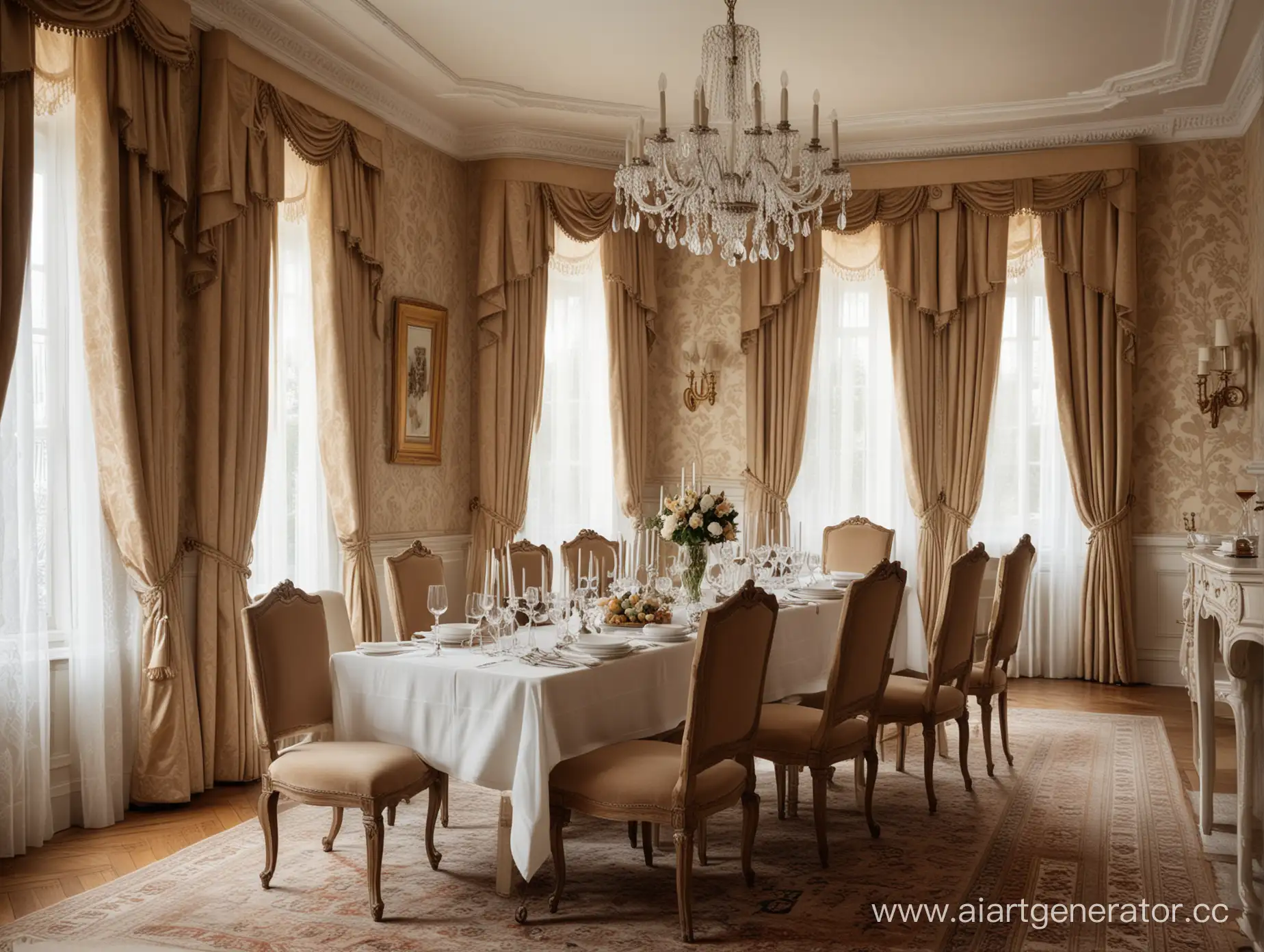 Обеденная в аристократическом стиле, убранный сервированный стол с белой скатертью и приборами, стулья обиты бархатом, на стенах полосатые бежевые обои, высокие зашторенные окна