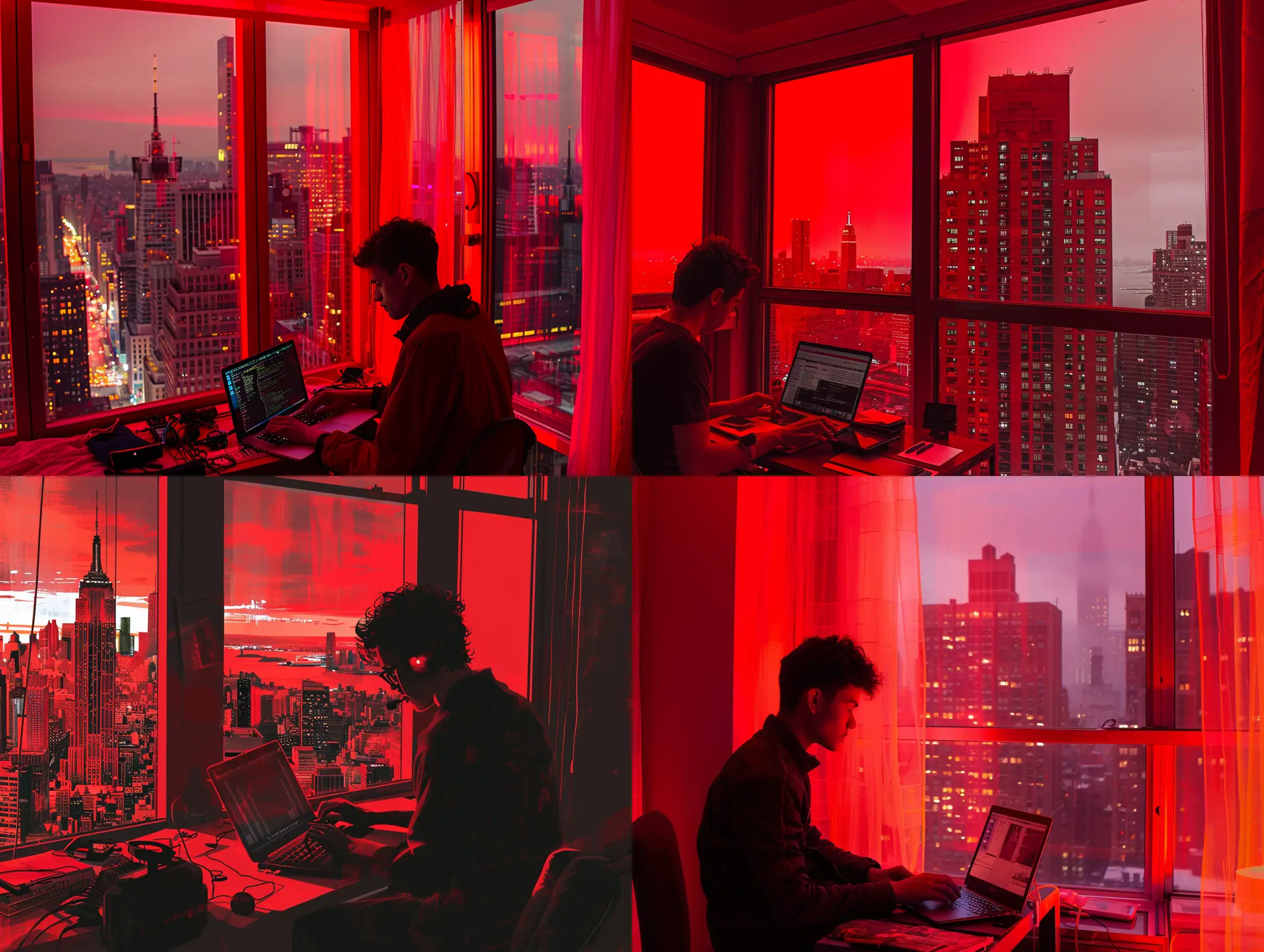 apartment with an incredible view, in the city of new york, the red colors of this scene transmits an aesthetic vibe,  theres a young man working in his laptop