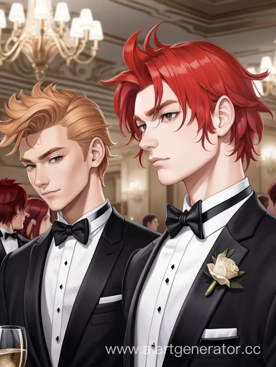 Stylish-Duo-in-Elegant-Black-Tuxedos-at-Banquet-Hall-Affair