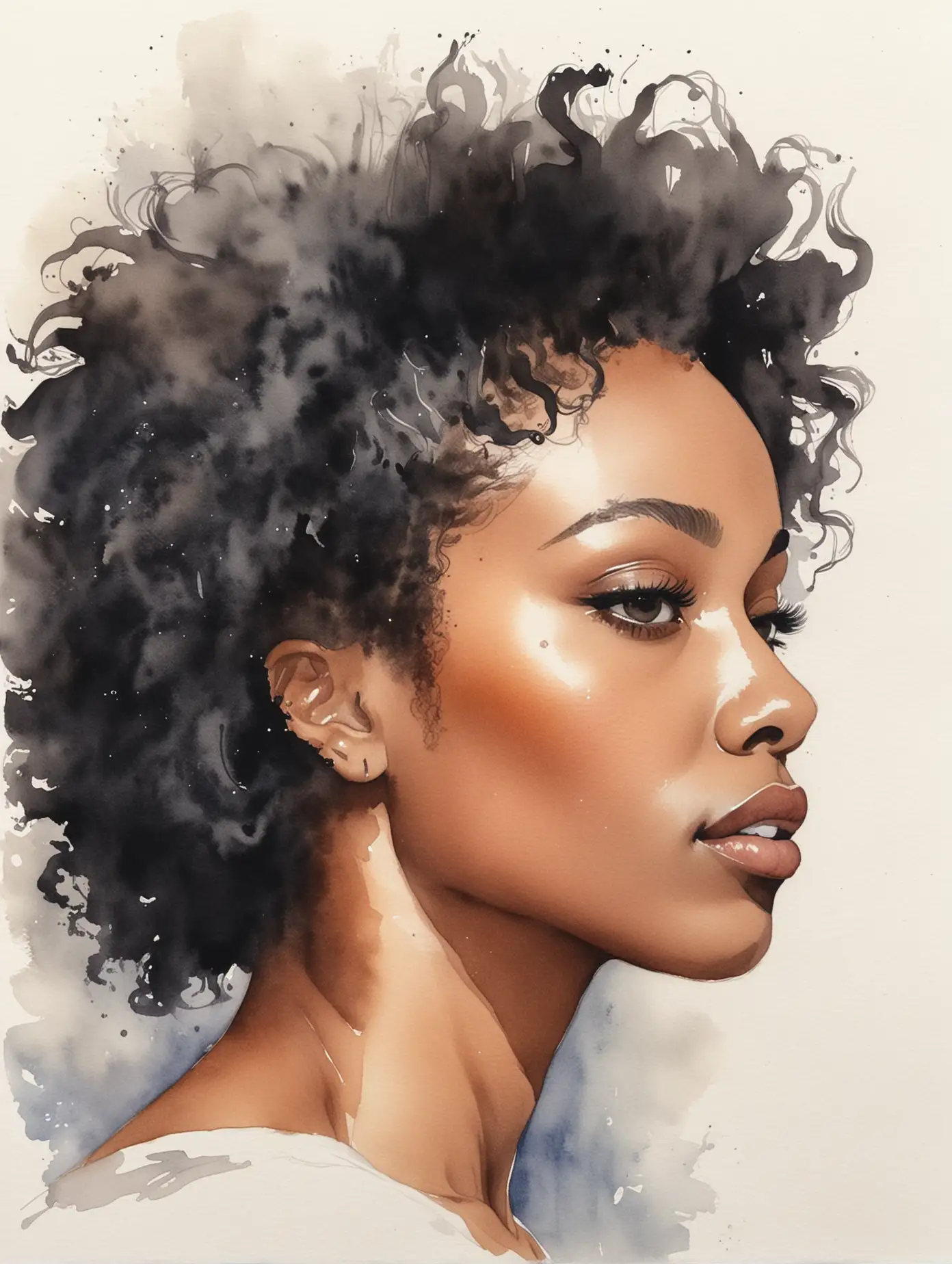 Elegant Watercolor Portrait of a Beautiful Black Woman in Profile
