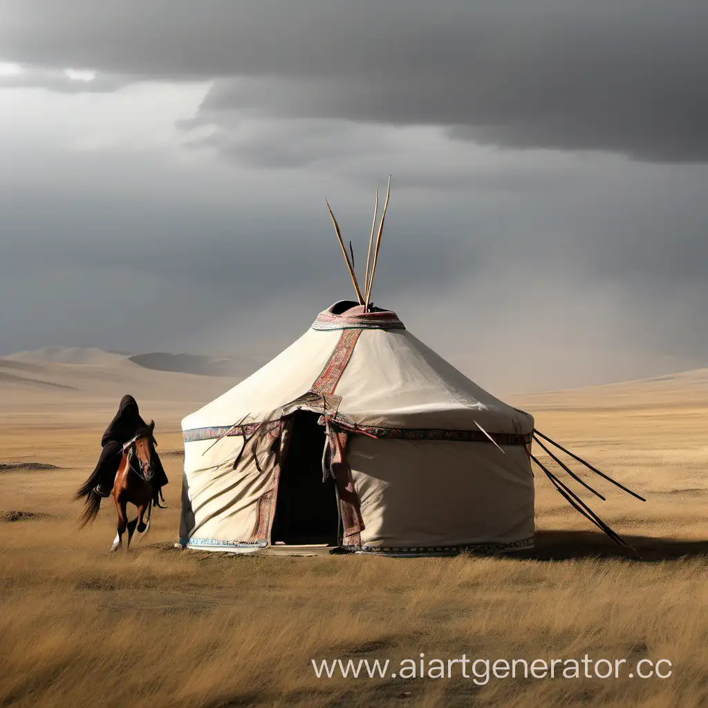Nomad-on-Horseback-in-the-Steppe-near-Yurt