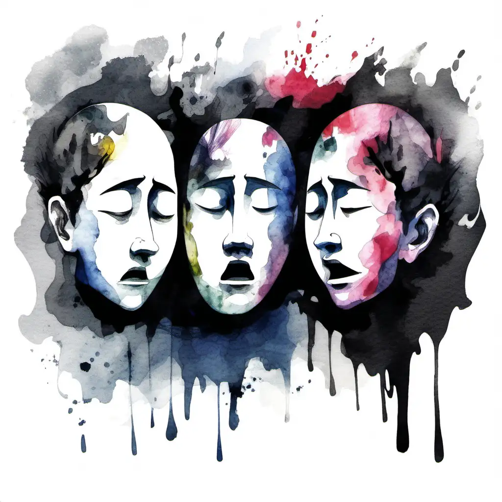 Abstract head with 3 faces ecco one with different emotion (sad, happy and screaming), sumi-e japanese watercolor, color splash style, multicolor palette, black background 