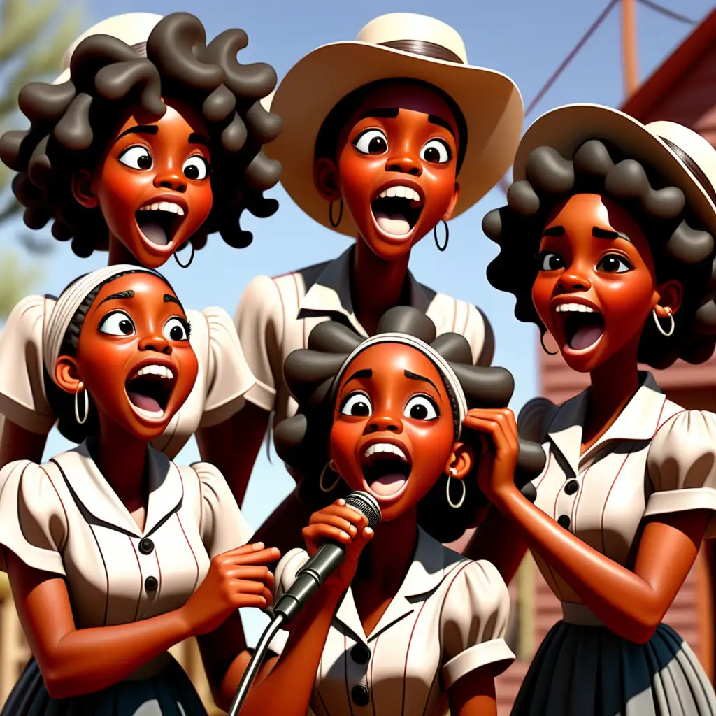 Joyful African American Teens Celebrating Juneteenth with Song in 1900s Cartoon Style in New Mexico