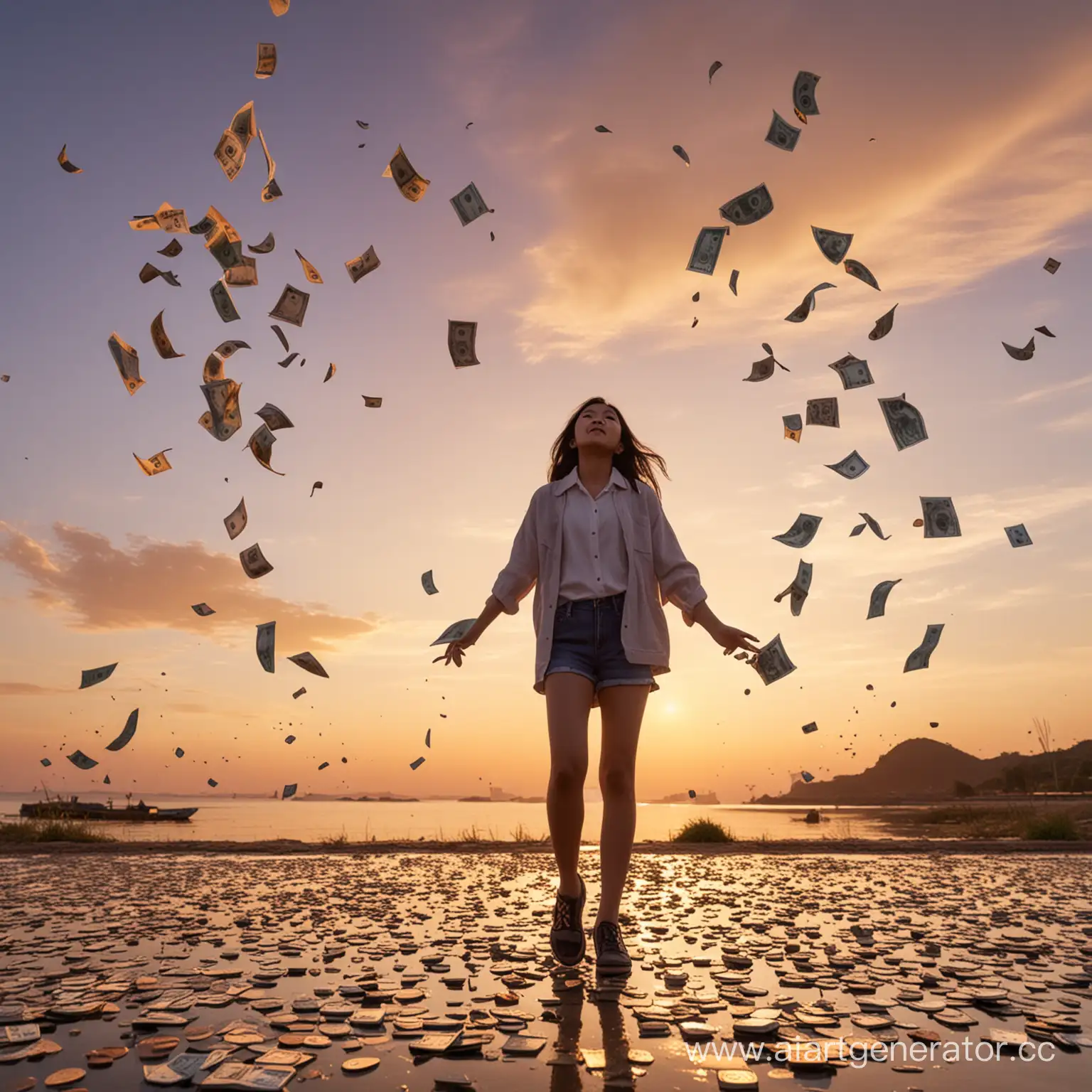 Confident-Asian-Girl-Walking-Under-Money-Shower-at-Sunset