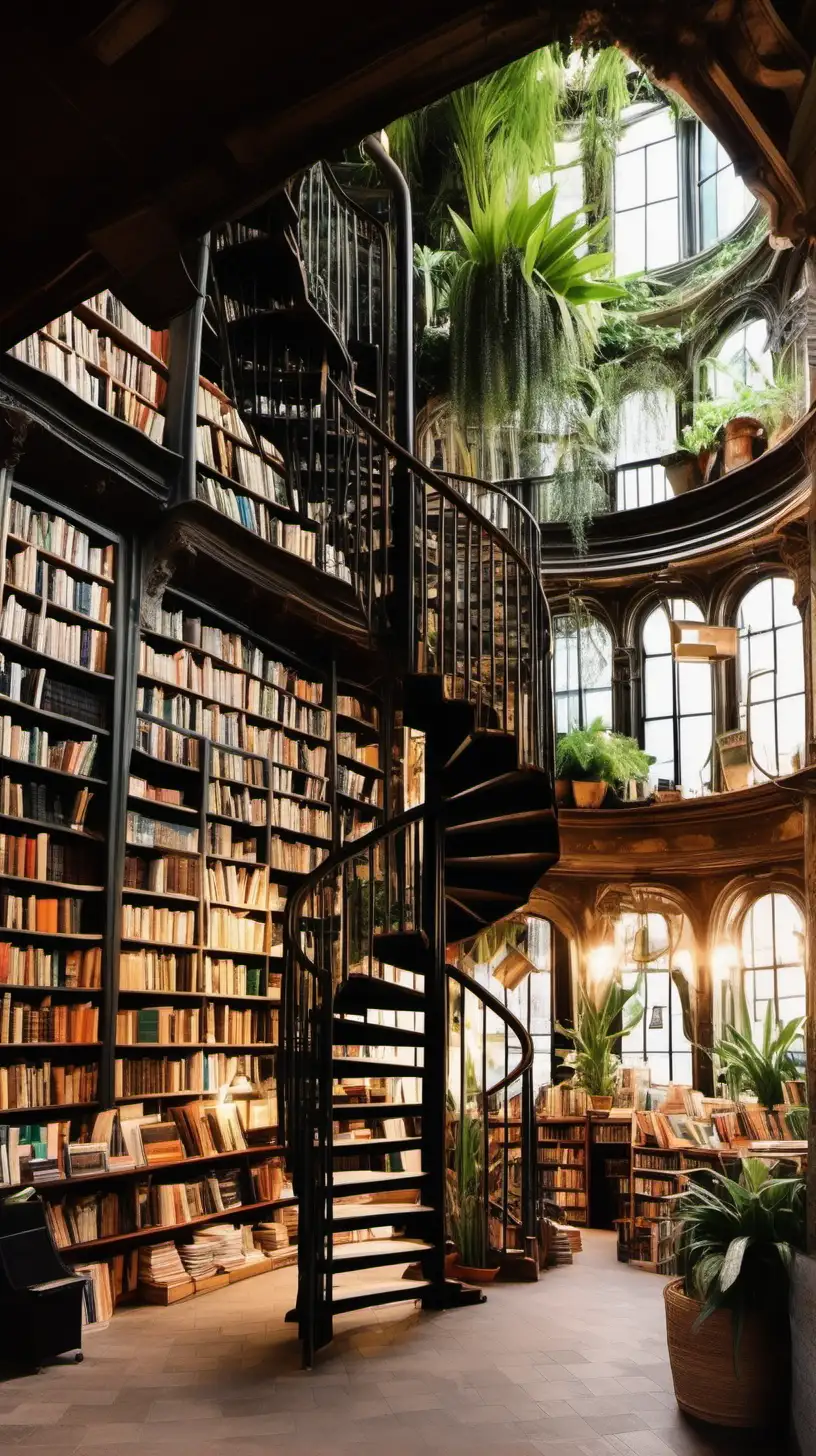 Cozy large Bookstore with spiral staircase in the style of Harry Potter with plants 