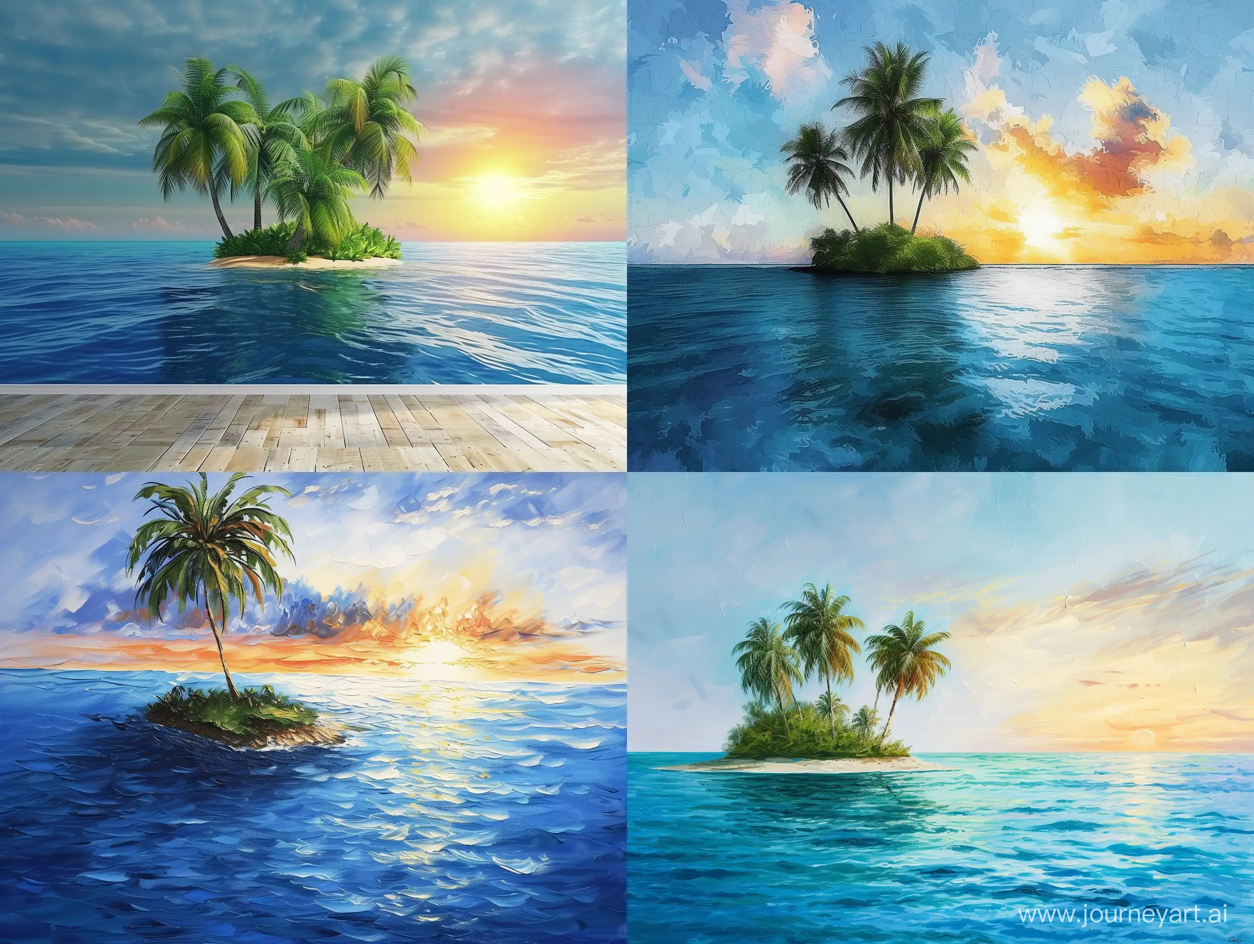 Tropical-Sunrise-on-a-Small-Island-Serene-Blue-Ocean-Coconut-Palms-and-Wall-Painting-Style