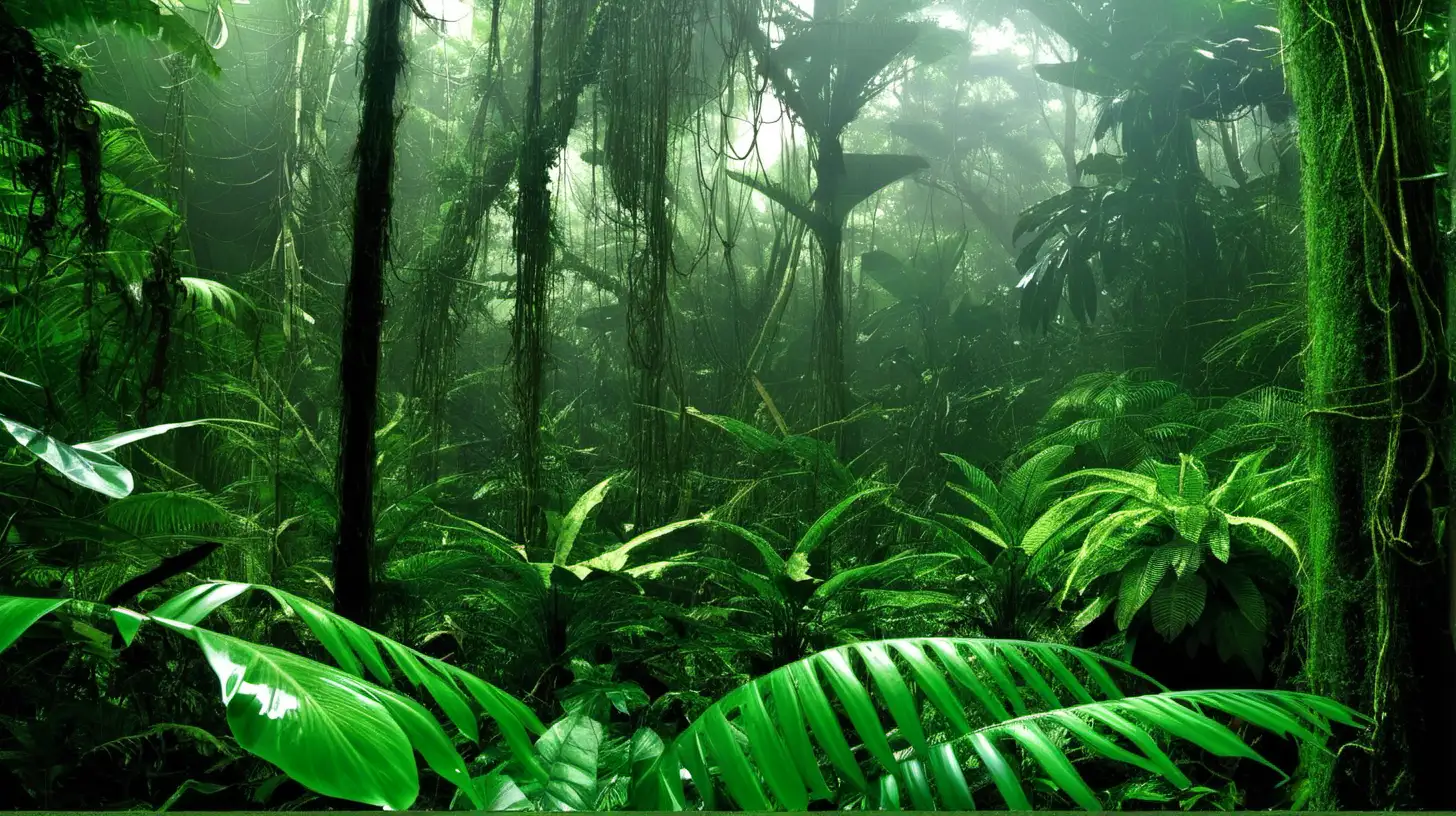 Lush Tropical Rainforest Landscape with Diverse Flora and Fauna