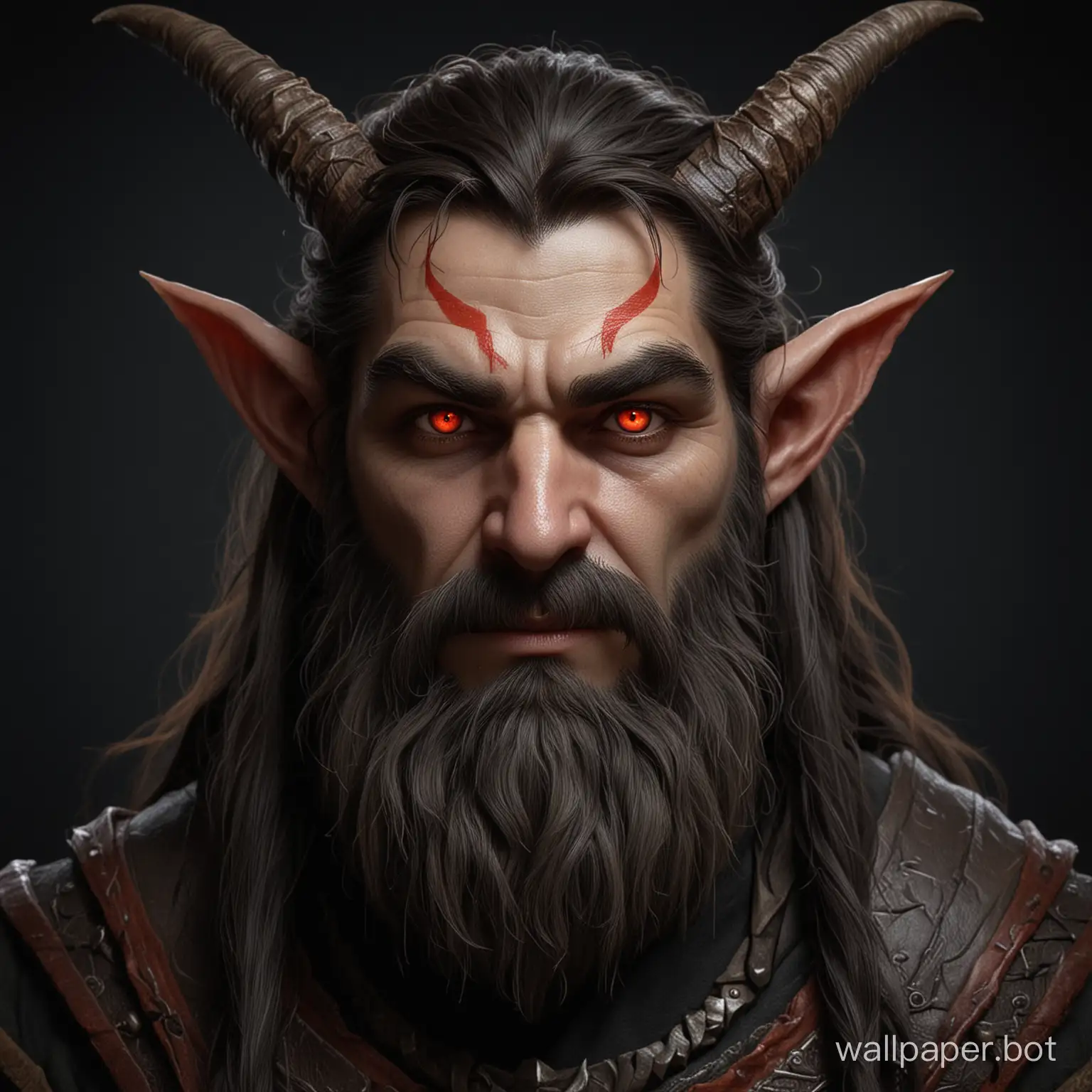 Alp - a mythological creature, a spirit of mountains, related to elves, dwarves, and kobolds. Outwardly resembling a human, but with a number of differences: pointed ears, horns, hooves, waist-length hair and beard, red eyes. The appearance resembles a devil. Draw it on a black background.