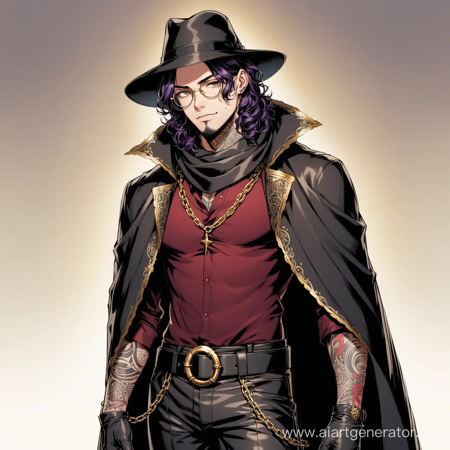 Mysterious-Figure-with-Dark-Purple-Curly-Hair-and-Golden-Accessories