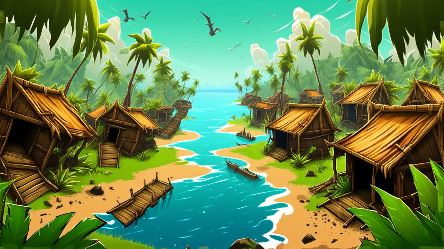 a fortnite style back ground of some jungle, some sea, some mud huts