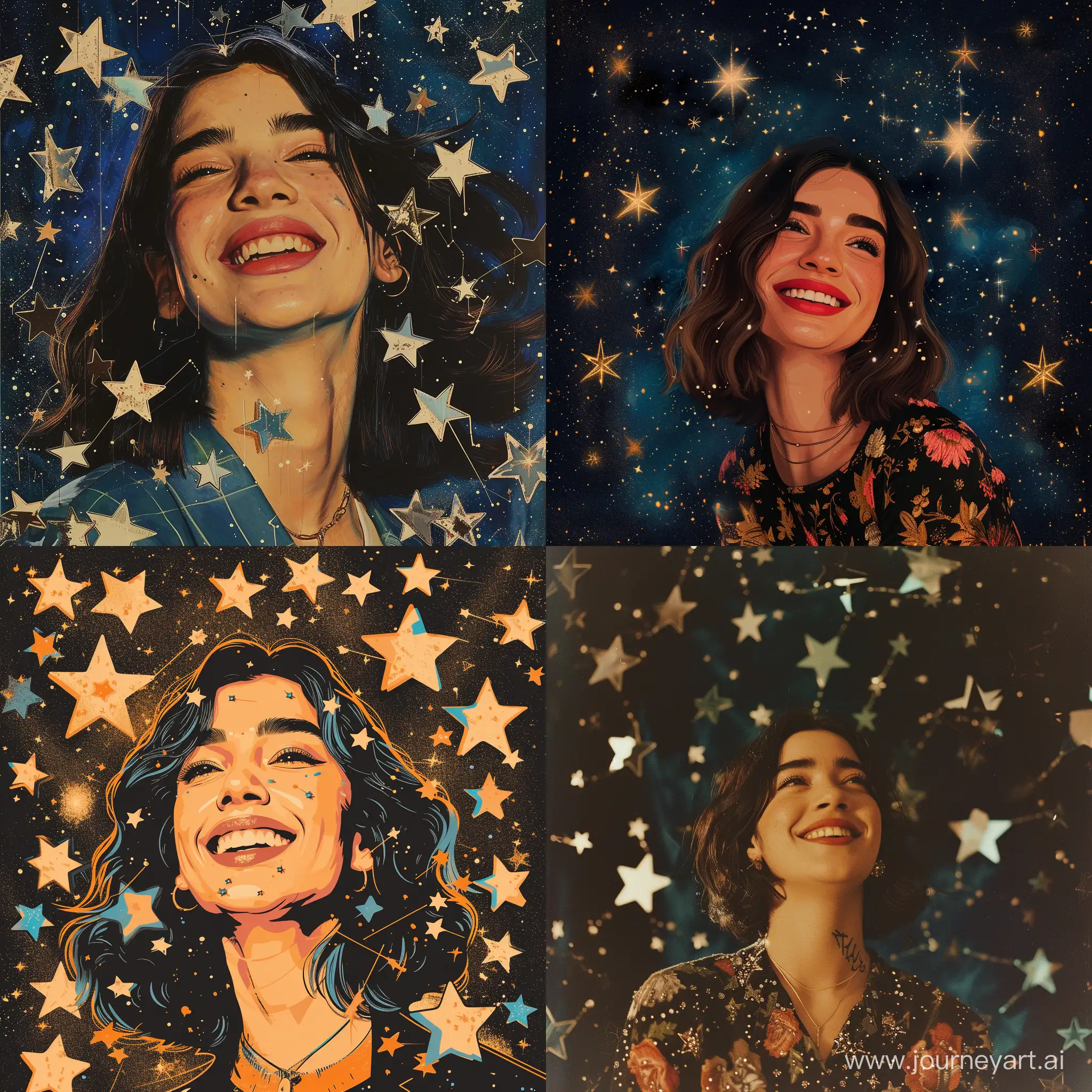 Dua lipa smiling at the viewer surrounded by stars