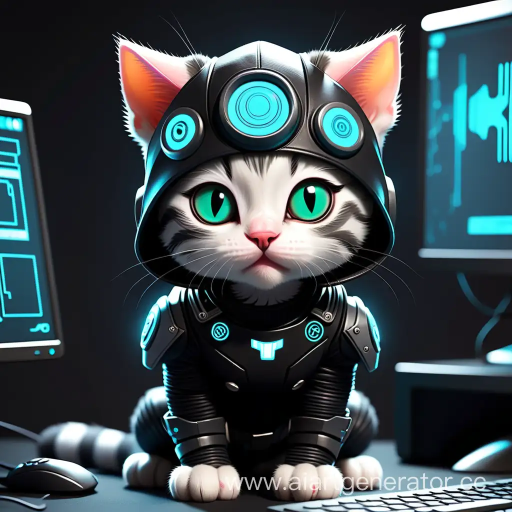 милый кот в кибер темном костюме