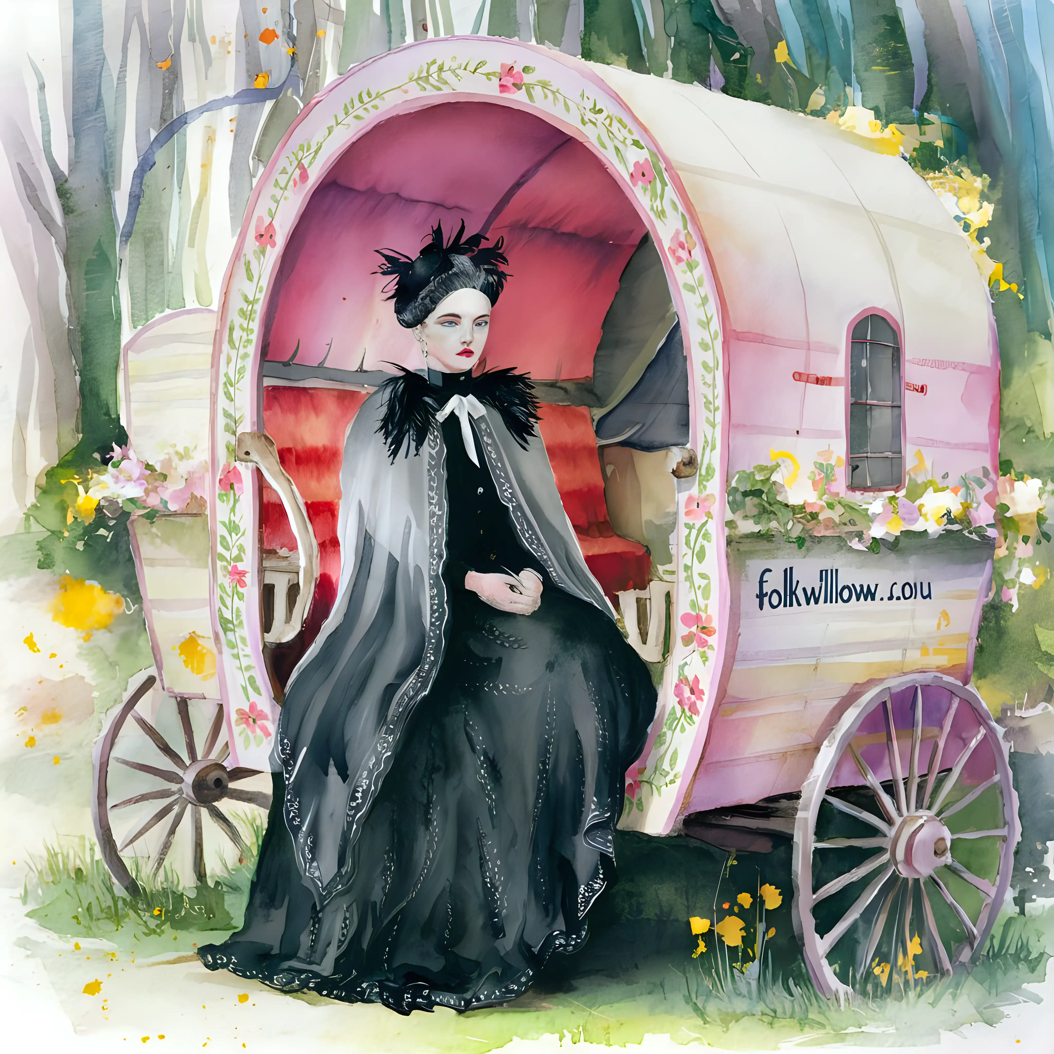 a pastel coloured watercolour painting of victorian era  lady in a mourning dress, black feathers on her cape, she is sitting in a gypsy wagon, the name FolkWillow.com.au is on the wagon side