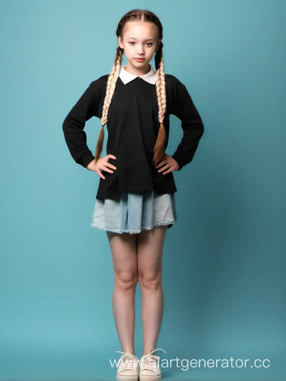 The shy girl in braids, wearing shoes with bare knees and long sleeves, full length
