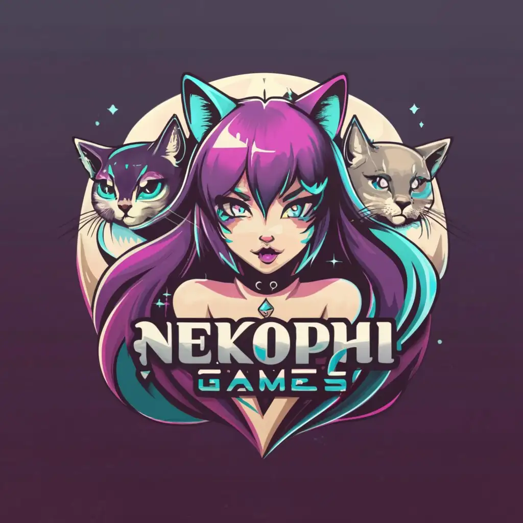 a logo design,with the text 'NekoPhi Games', main symbol:sexy catgirl portrait moon anime purple teal heterochromia, Minimalistic,be used in Entertainment industry,black clear background