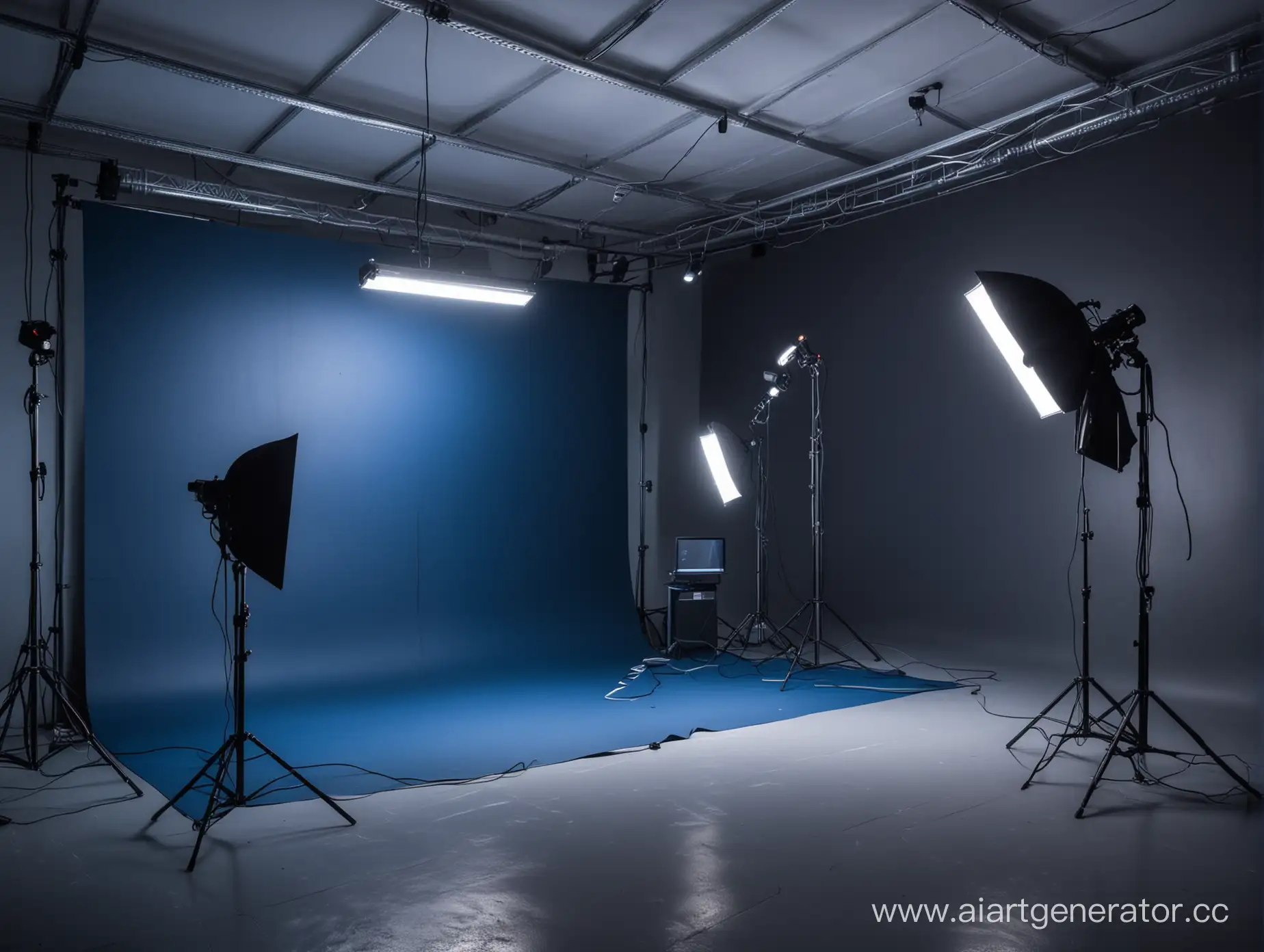 photography of photo studio general view in dark blue neon colours with lightning equipment on the back full face
