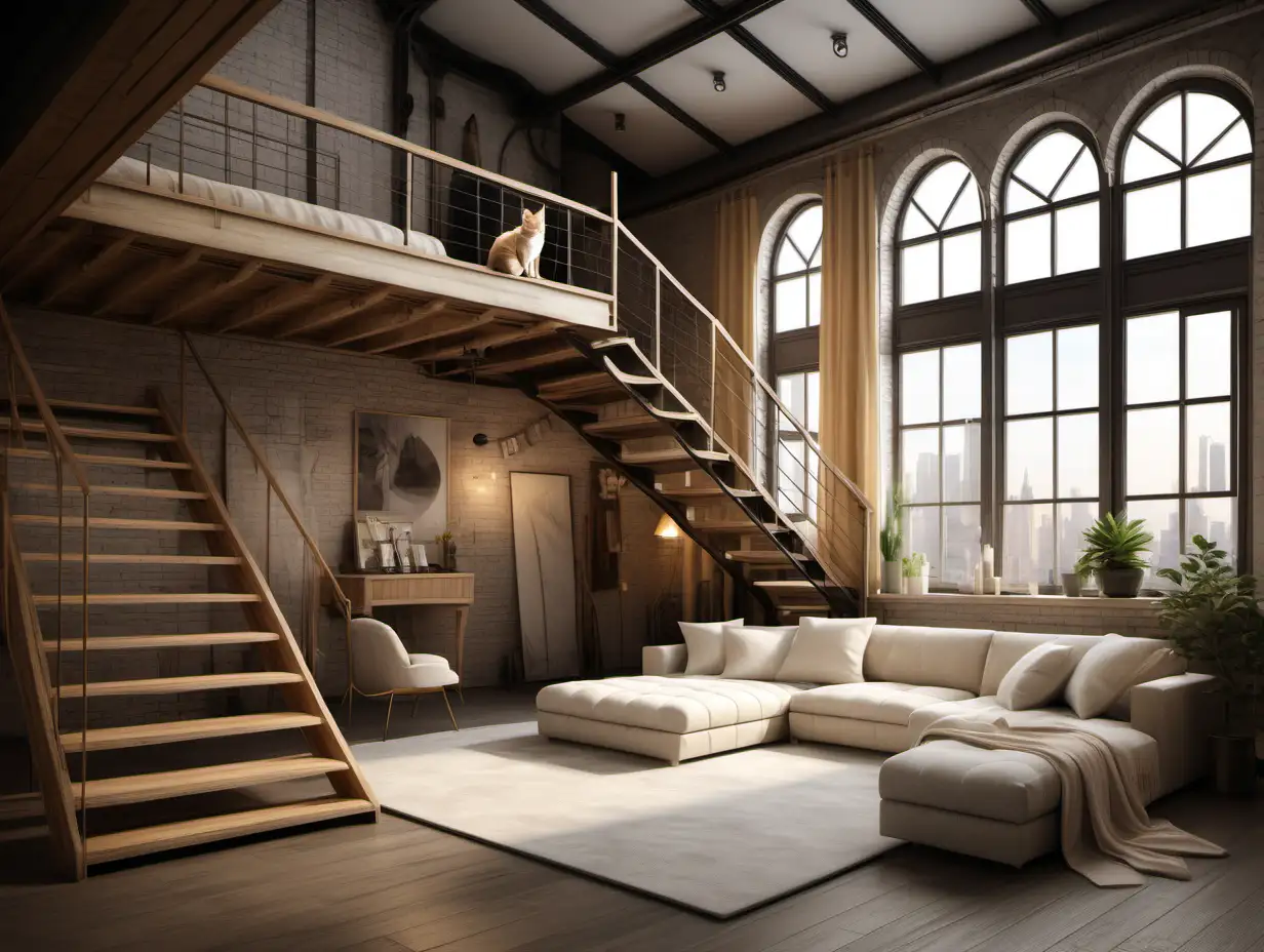 It is necessary to depict the interior in the most realistic style - Loft style .  The interior should be made in light milk colors, two-story with expensive designer stairs and light curtains on the windows. in the foreground should be a cat golden British chinchilla  NY12 with no fur stripes.