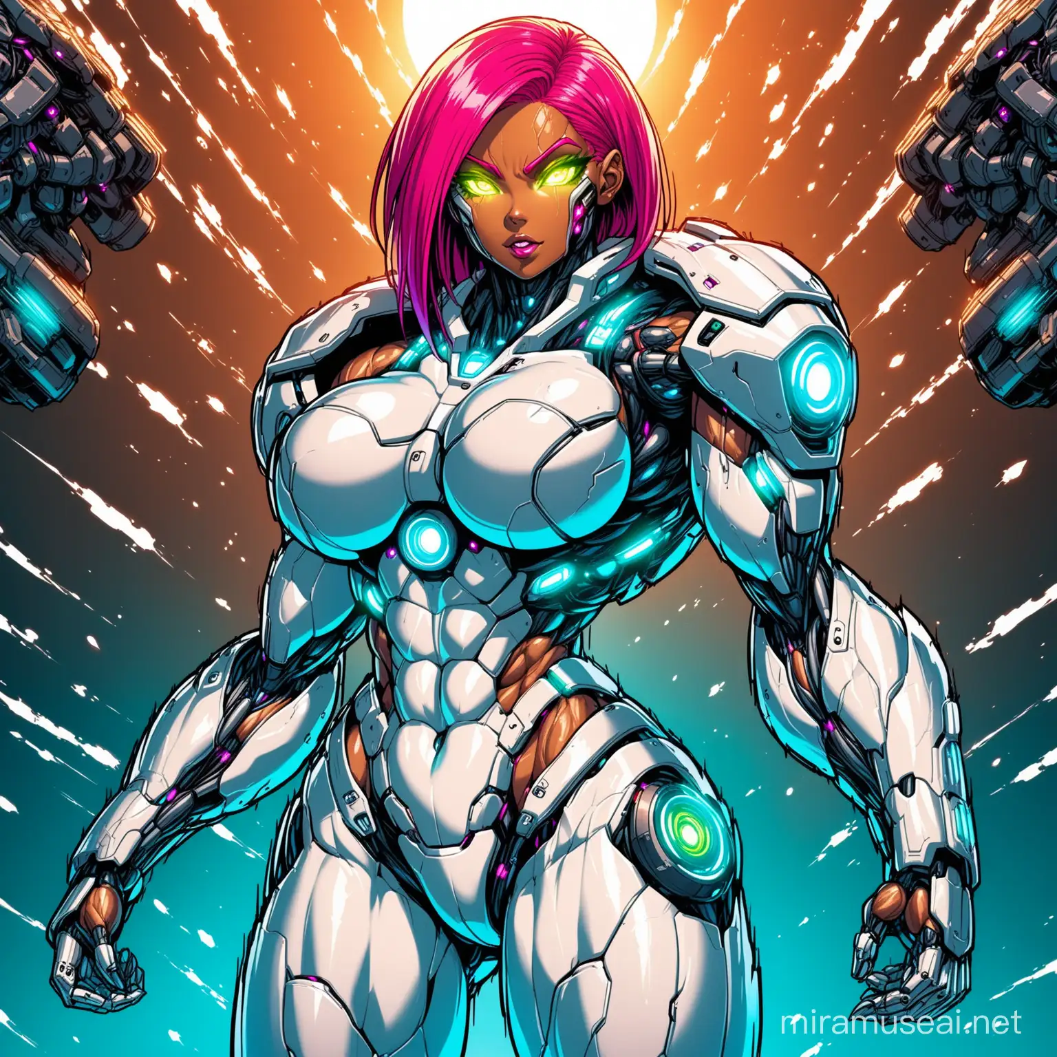 Futuristic Cybernetic Heroine with Vibrant Features and Bulletproof Attire