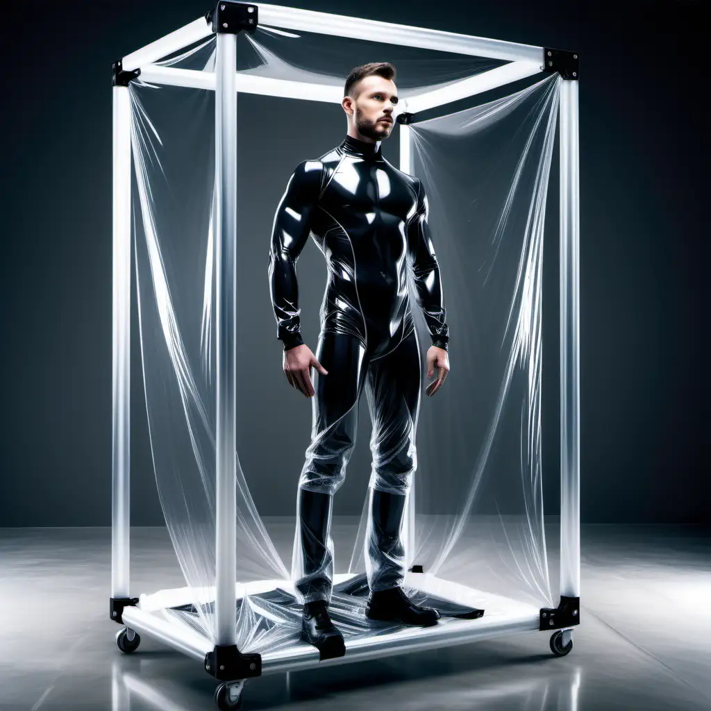 backrgound is a high tech futuristic factory. a man is standing upright with his arms and legs secured to the corners of a rectangular metal frame and is vacuum packed between a layer of semi-transparent latex on each side