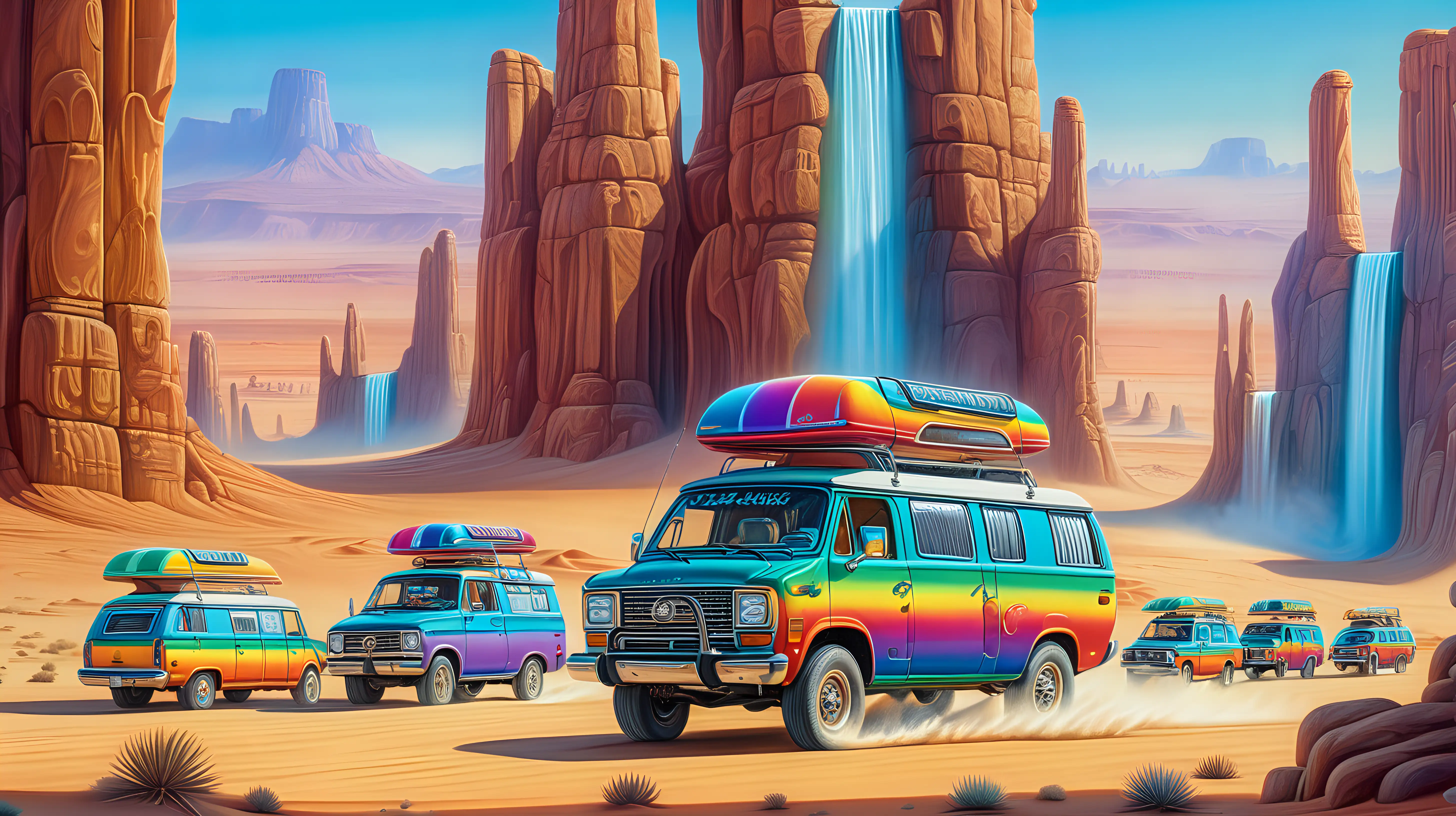 A caravan of vehicles traversing a desert landscape filled with towering pillars of light and cascading waterfalls of vibrant colors, creating a psychedelic journey through the sands.