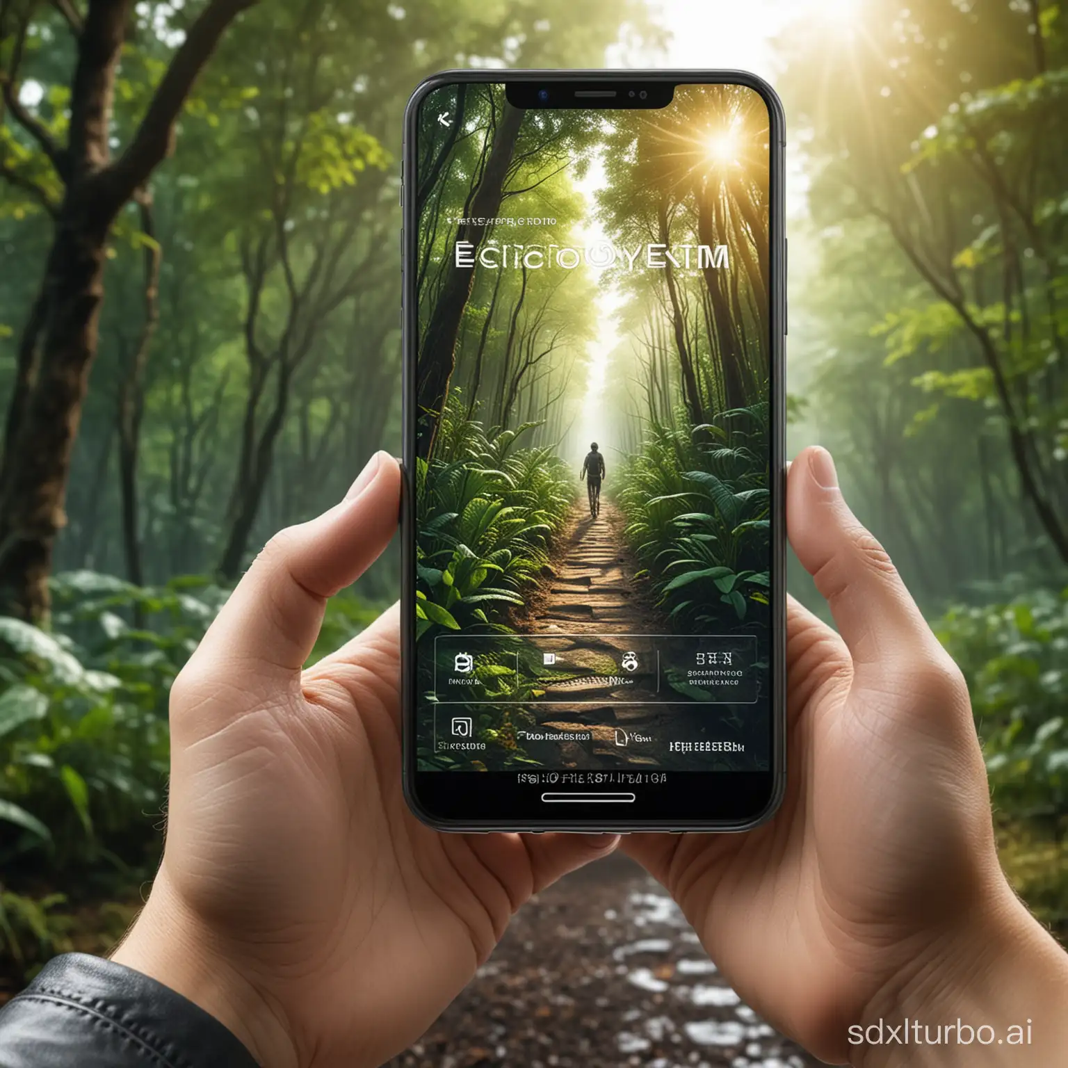 cinematographic concept realistic visual art 4k UHD, futuristic image background. A person holding their modern smartphone with one hand, the screen of the smartphone facing forward, on the screen written in HTML programming with readable letters in html programming language the word "ecotourism" displayed, futuristic design of the modern smartphone screen written in programming language for html the word "ecosystem".