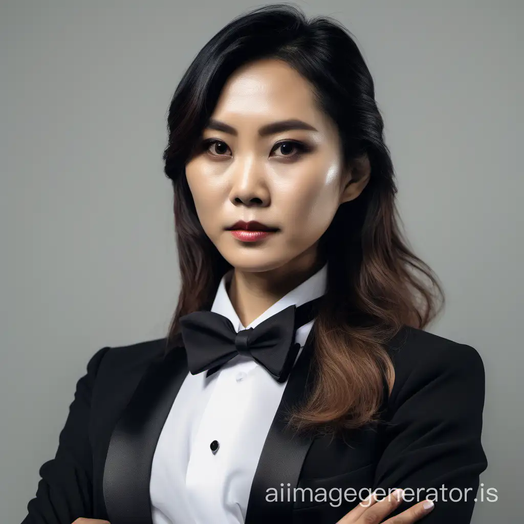 Vietnamese woman with shoulder length hair and her arms crossed wearing a tuxedo