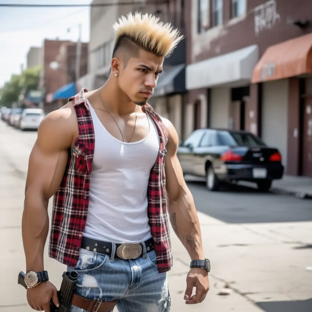 muscular Latino young man, blonde bleached short faux hawk, white tank top, plaid shirt, large jeans, two automatic guns, street, day