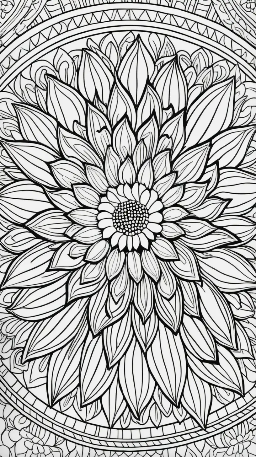 coloring book image, thin black lines, patterned floral mandala pattern, sunflower