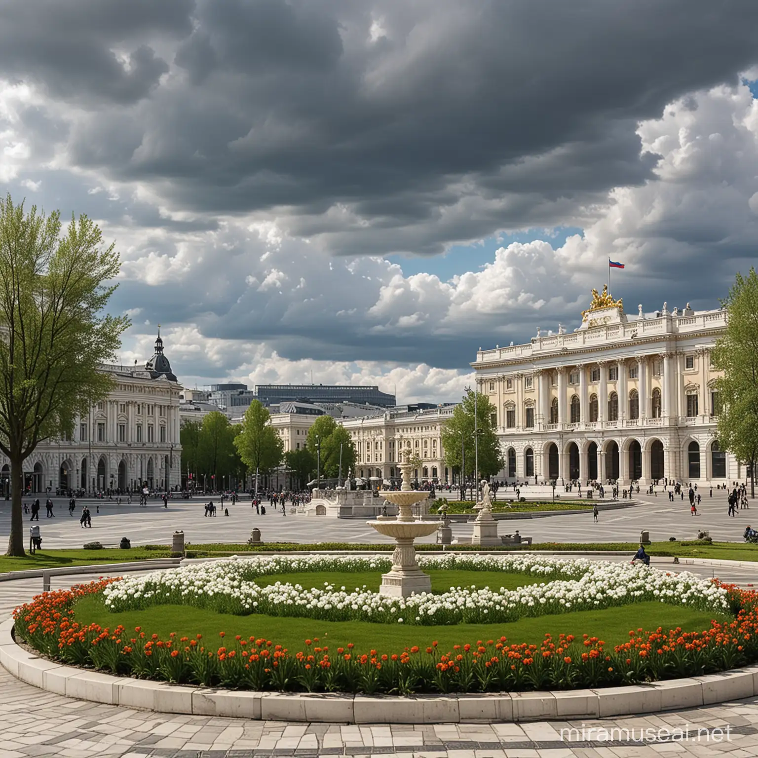 during a new spring day we see the capital city main square, the buildings are all made of light marble in a neoclassical architecture, there are plants, trees and flowers, the whole city style is inspired to an anglo-saxon and russian style, it's a sunny day with a few white clouds, there are green hills and woods on the background as the landscape. 