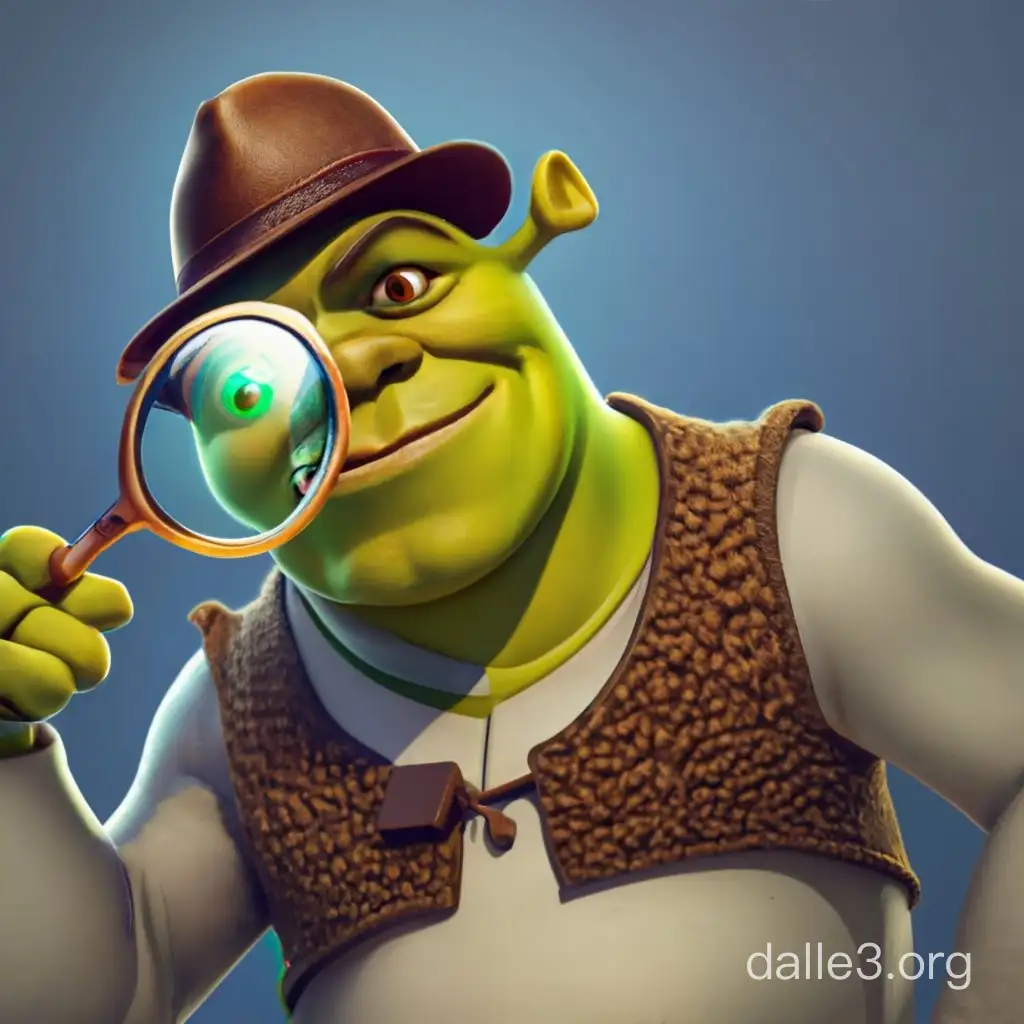 shrek as a detective, wearing a monocle, interrogative face