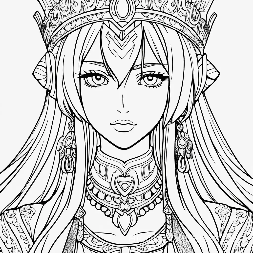 regal adult anime woman super detailed, Coloring Page, black and white, line art, white background, Simplicity, Ample White Space. The background of the coloring page is plain white to make it easy for young children to color within the lines. The outlines of all the subjects are easy to distinguish, making it simple for kids to color without too much difficulty