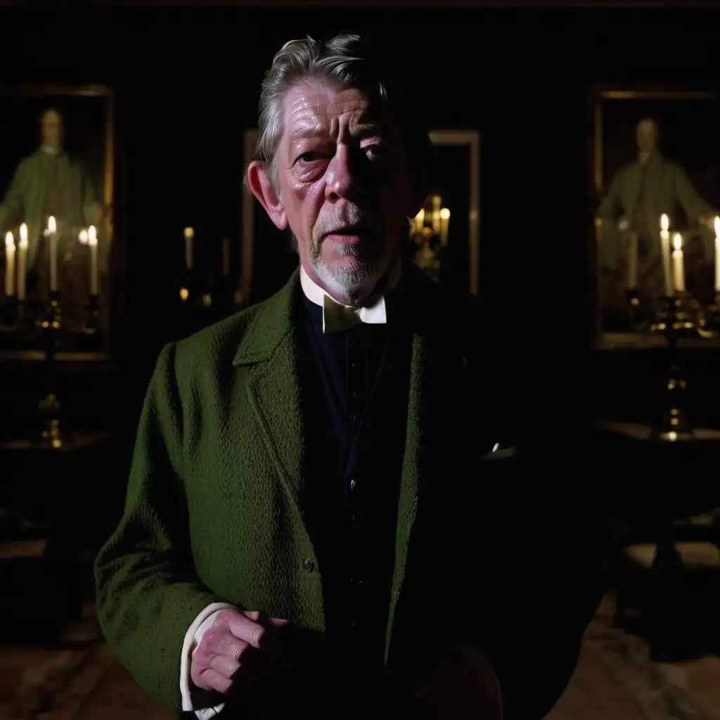 Reverend John Hurt in Tweed Jacket Mysterious Night Scene in Manor House
