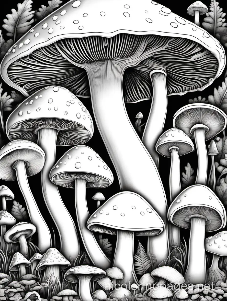 Mushrooms  ,extremely detailed, intricate, beautiful ,  Brian Froud, catherine abel , Yacek Yerka, Bernard Frize, Coloring Page, black and white, line art, white background, Simplicity, Ample White Space. The background of the coloring page is plain white to make it easy for young children to color within the lines. The outlines of all the subjects are easy to distinguish, making it simple for kids to color without too much difficulty