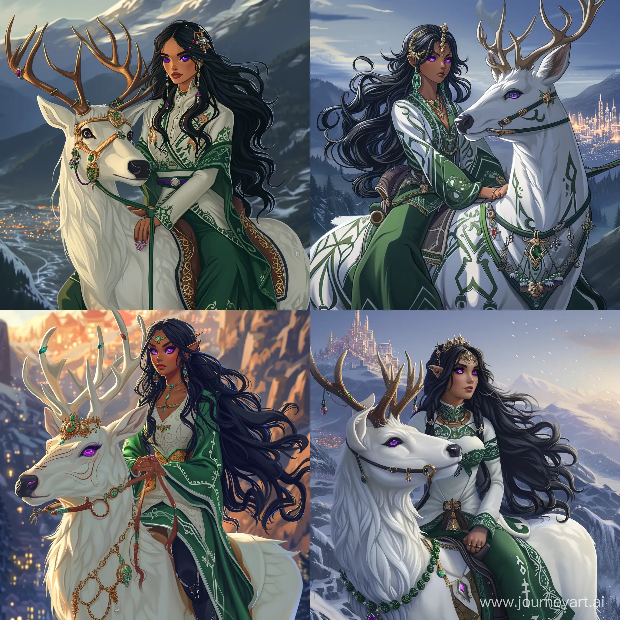 A black wavy haired handsome huntress with bright violet eyes sits sublimely on a white noble stag decorated in Nordic style. Her long hair blows in the gentle wind as she sits enthroned on the proud animal with skillful elegance in her green-white hunter's robe. The stag, magnificently decorated with Nordic ornaments, wears the bridle with dignity. Together they look out over the sparkling city from the mountainside, their presence combining the raw beauty of nature with the majesty of civilization, in cartoon style, high quality details, 