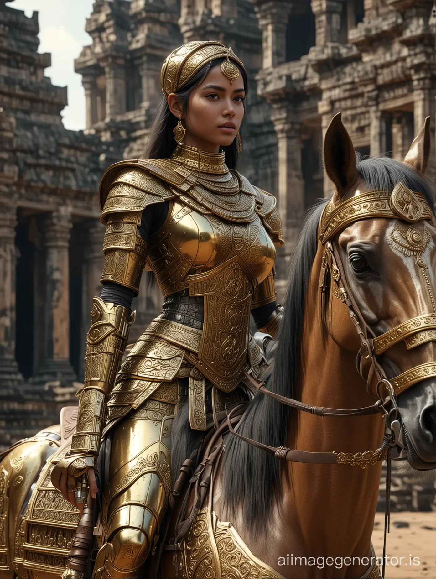 Generate a highly detailed, ultra HD image, 

intelligent Muslim girl robot warrior riding horse in front Angkor Wat, gold colour, thick metal face, hyper realistic, enhanced visualization, 8k, high quality render, insanely detailed, 

with extreme realism and clarity in the facial features. The shot should be a full-body view, capturing every intricate detail.
