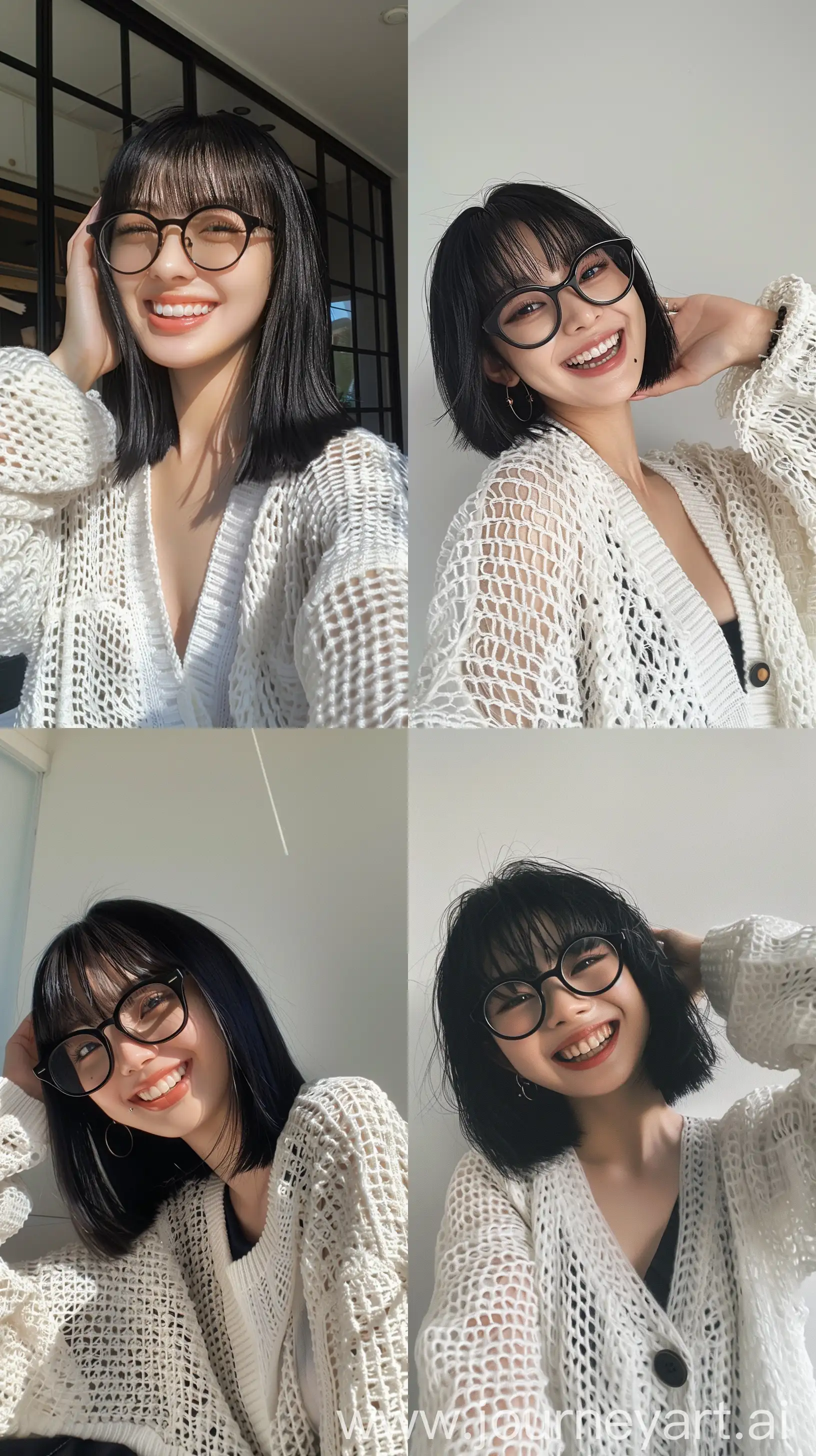 Stylish-Blackpinks-Jennie-Selfie-with-Chic-White-Net-Cardigan-and-Black-Frame-Glasses
