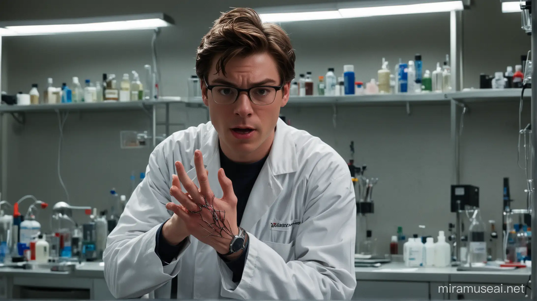 Peter parker di laboratorium ,melihat tangannya,kesakitan