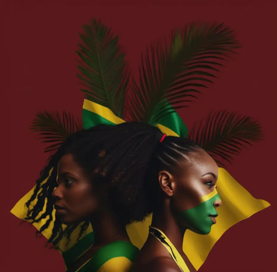 black woman
red, yellow and green 
jamaican flag
background
hair is natural  in the shape of palm trees
use something similar to the image
no watermark
more animate
two beautiful woman 
make sure tp have palm trees
