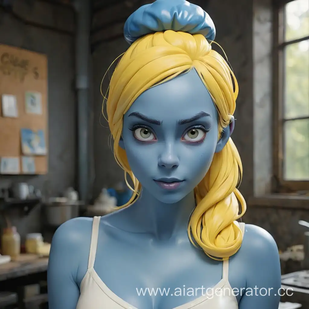 Cute-Latex-Smurfette-Girl-with-Blue-Rubber-Skin-and-Yellow-Hair