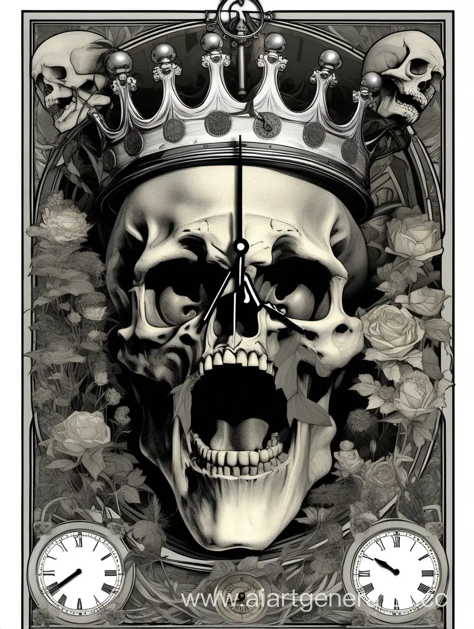crazy laugh skull wearing a clock crown, assimetrical, alphonse mucha, william morris, poster, hiperdetailed, black,white, gray, red, hipercontrast