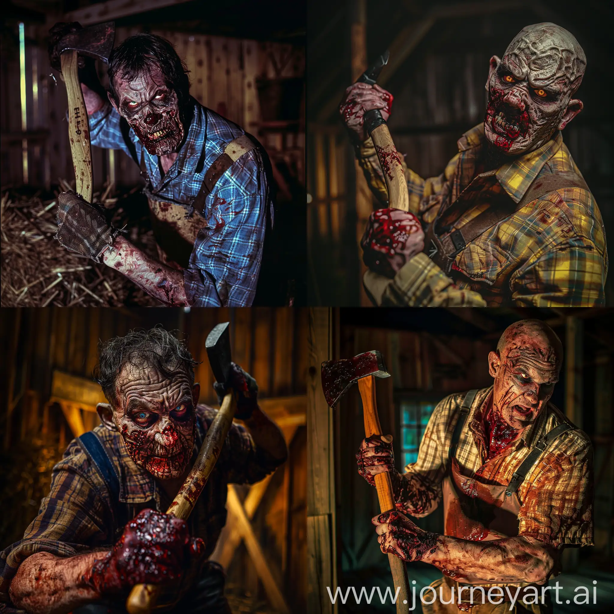 Man with horrible deformed face, has a hatchet in his hand, coming, dark eerie farm, hillbilly killer, bloody attire, 1970's view, colored, cinematic lighting, realistic image