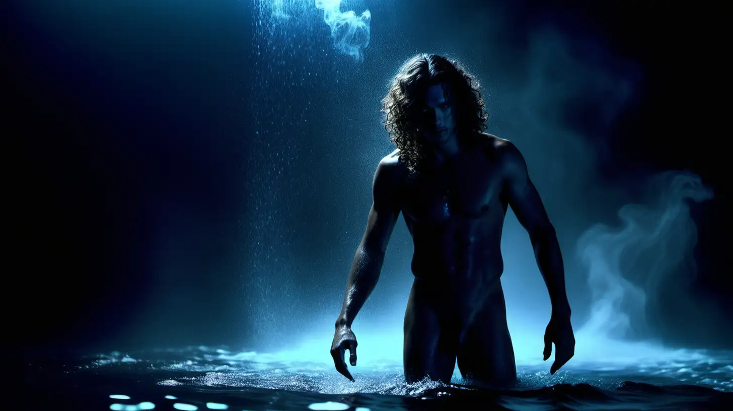 A cinematic scene shot with a Sony cineAlta (full shot) of a nude mixed man with long curly hair emerging from water in a black abyss. He walks closer to the camera. small vibrant blue lights float in the water. pitch black background . body is half lit by blue light and the environment is very foggy across his body (smoke machine)