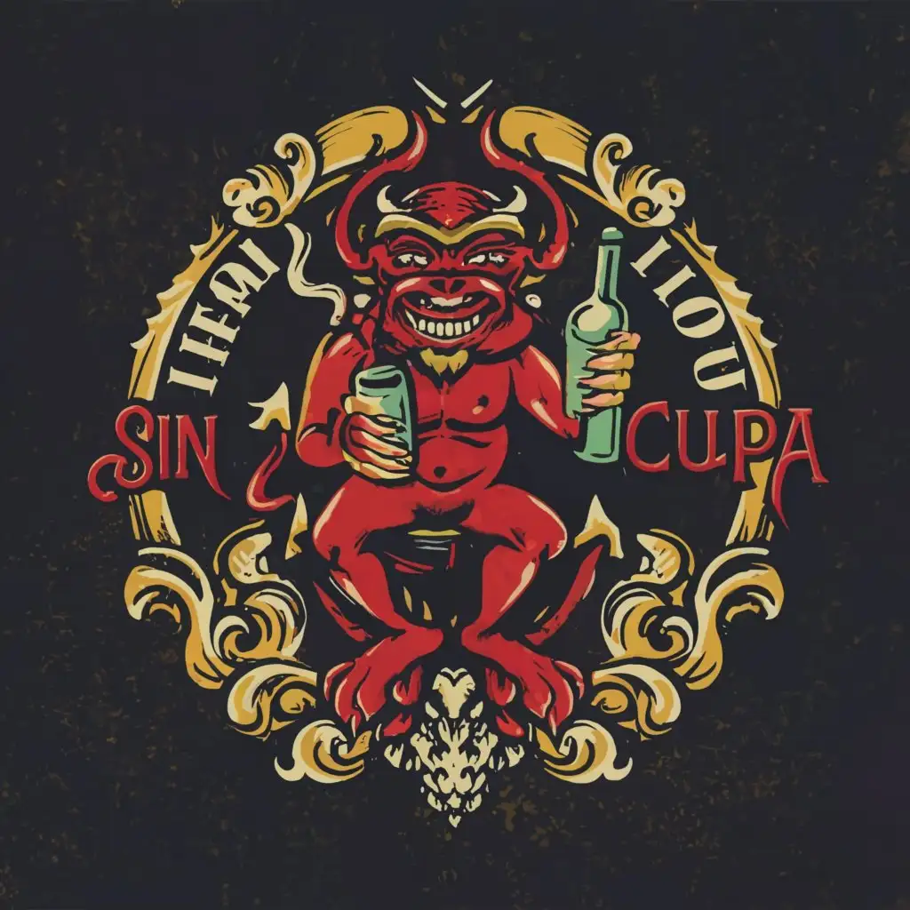 a logo design,with the text 'Sin Culpa', main symbol:Drunken Devil+no blame+wine+lust+gluttony+sin colors red and purple,complex,clear background