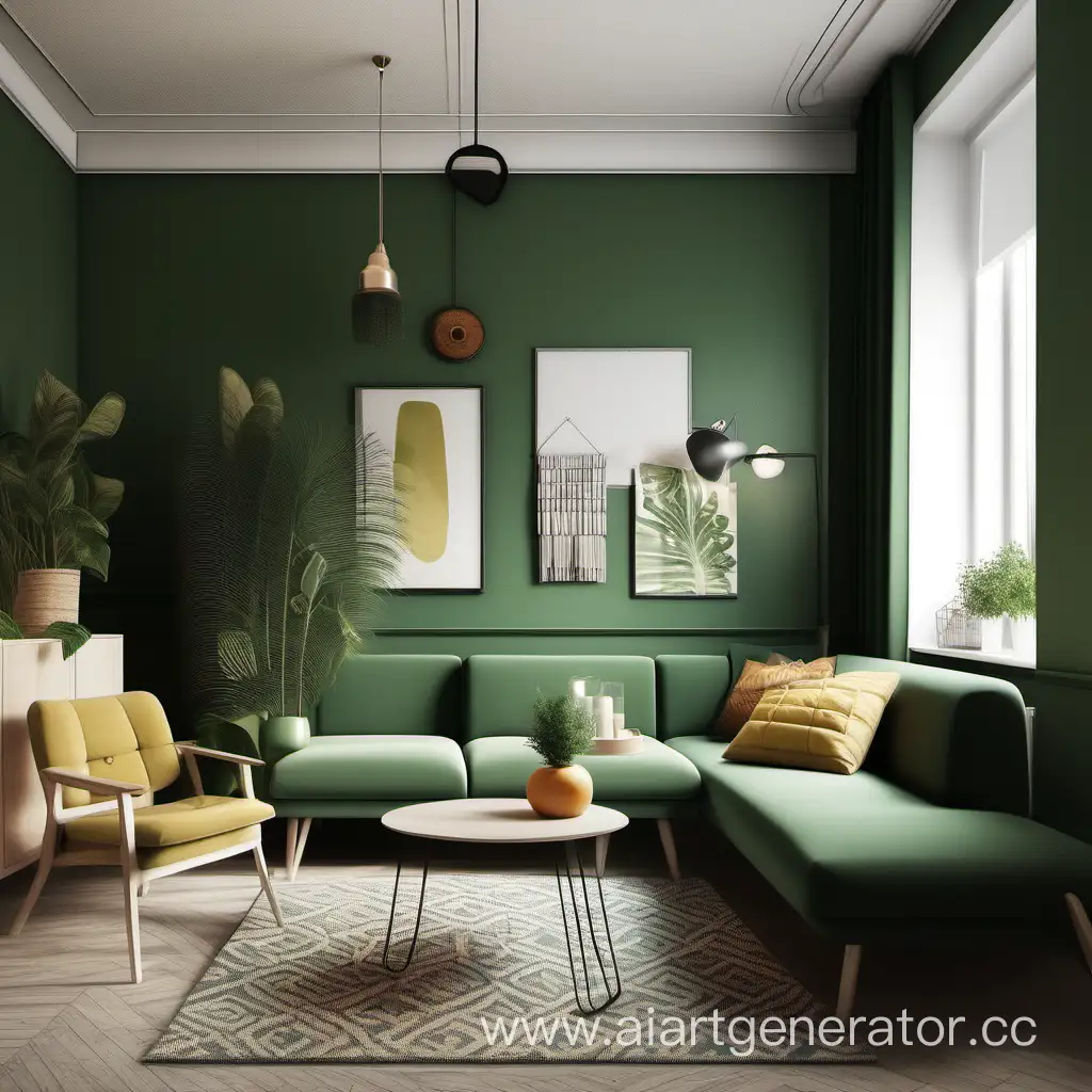 Дизайн интерьера квартиры в скандинавском стиле с акцентной зеленой стеной и элементами ретро декора 