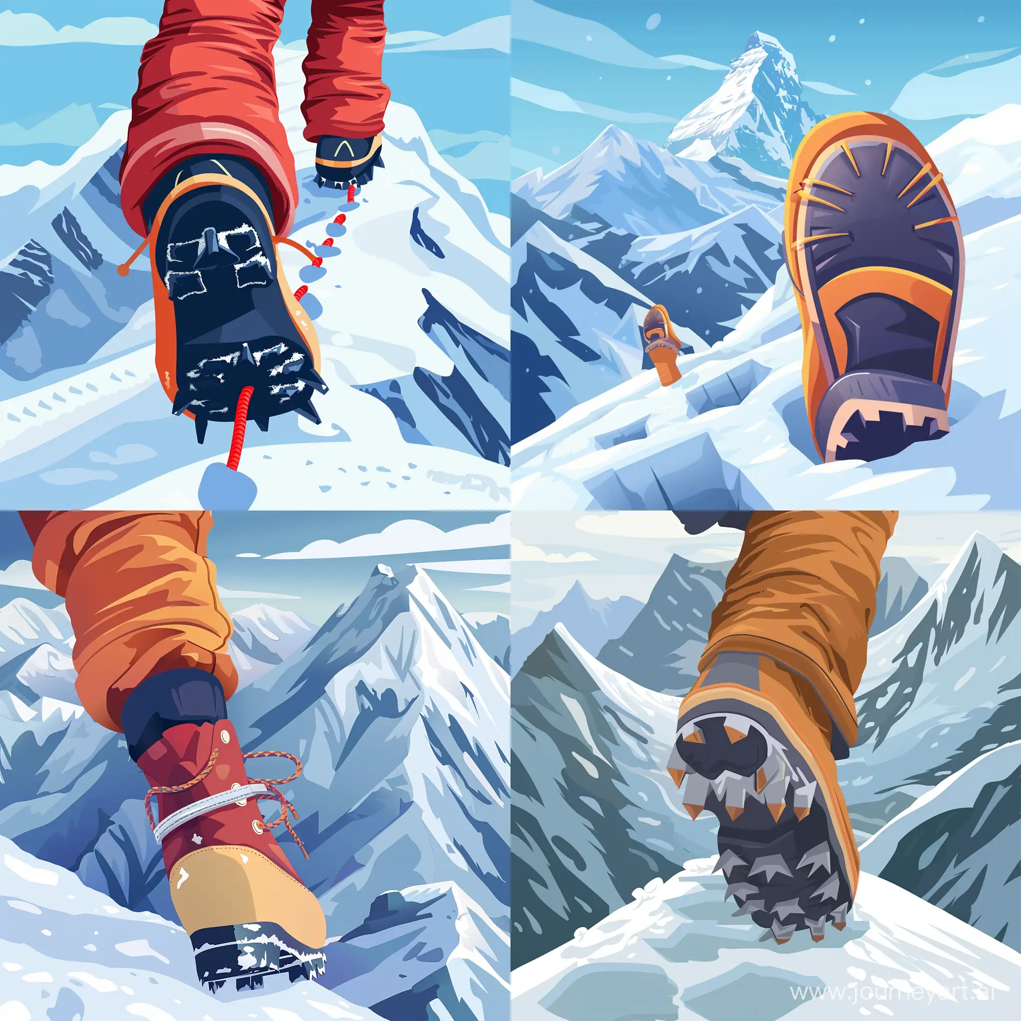 cartoon illustration of a mountaineer' foot, mountaineer's point of view while climbing up mount everest, taking the next step, cold environment, in flat style